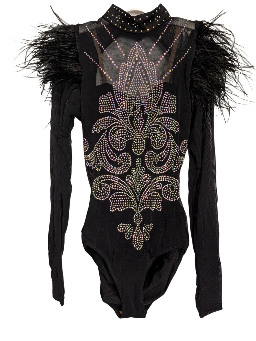 Revolution Rhinestone Mesh Feathered Dance Leotard